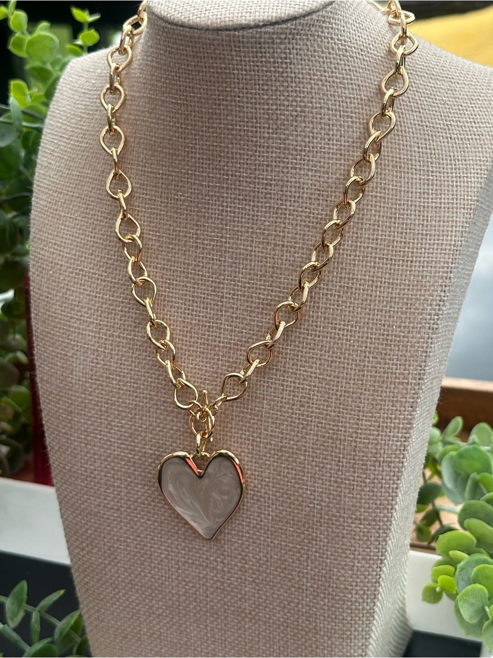 Gold Chain Necklace with White Heart Charm - Women Jewelry